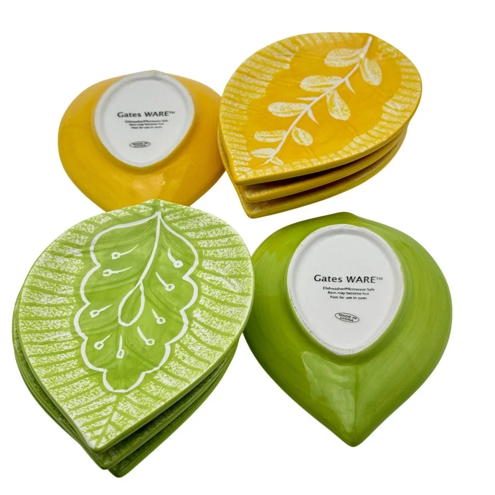 Plates Leaf Appetizer Ware Ceramic Green Yellow‎ Botanical Small Dishes 8 piece